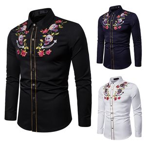 Men Embroidery Designer Shirt Printed Luxury Long-sleeved Casual White/Black/Navy Formal Dress Shirt for Club Cocktail Wedding Party