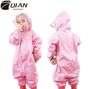 Qian 2-9 år gammal modig vattentät Jumpsuit Raincoat Hooded Cartoon Kids Coat Tour Barn Gear Suit 220217