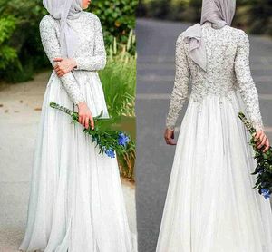 Hijabハイネック長袖アバヤイスラムドバイフォーマルイベントを着用エレガントなホワイトウエディングパーティードレスを着用した控えめなイスラム教徒のシフォンイブニングドレス