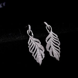 Trendy Cubic Zirconia Crystal Feather Long Earrings Silver plating Leaf Plant Earrings For Women Fashion Jewelry 2020