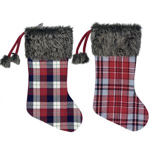 Julstrumpor Dekorationer 18 '' Large Plaid Plush Faux Fur Cuff Stocking för Xmas Nyår Heminredning JK2011PH