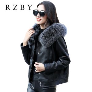 Mulheres de pele de carneiro jaquetas genuíno preto casaco de couro real feminino raposa coleira de lã slim mornos motocicleta top 201030