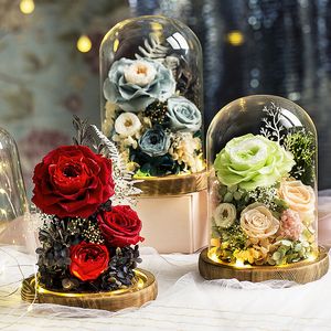 Eternal Flower Handmade Preserved Real Rose Glass Cover Holder Immortal Flowers Valentines Day Birthday Gifts Wedding Supplies