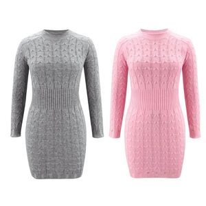 Mulheres Outono Manga Longa Torção Cabo Malha Bodycon Mini Camisola Vestido O-pescoço Cor Sólida Empire High Cintura Básica Básico Stre