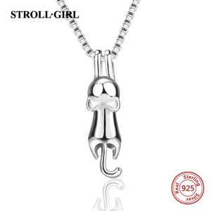 Ny 925 Sterling Silver Naughty Cat Animal Pendant Chain Cute Climbing Kitty Halsband för kvinnor 2020 Fine Smycken Julklapp Q0531