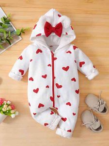 Baby Heart Print Bow Hooded Jumpsuit SHE