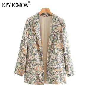Kpytomoa النساء أزياء بيزلي طباعة السترة معطف خمر طويلة الأكمام جيوب الإناث قميص شيك قمم 201102