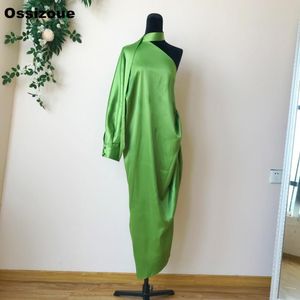 Verde um ombro duração do tornozelo vestidos de noite manga longa senhora formal vestido de evento mulheres vestidos lj201123