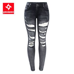 2230 Youaxon Black Cintura Baixa Cintura Rasgada Mulheres Quente Esticada Afligida Denim Calças Calças Para As Mulheres 201105