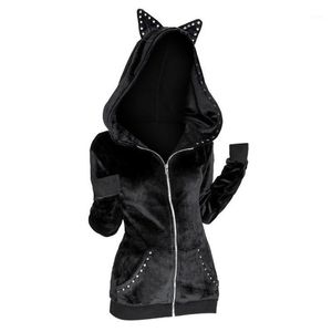 Nova chegada gato amantes mulheres com capuz gótico casacos rebite orelha bolsos zip jaquetas 4 cores mais tamanho s ~ 3xl mangas compridas outwear1