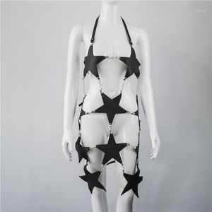 Strumpfbänder Pentagramm Ledergeschirr mit Kette Kleid Strumpfband Körper Käfig Kragen Riemen für Frauen Hosenträger Bondage Mode Rock Zubehör1