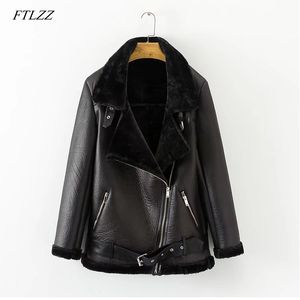 Spring Winter Women's Pu Leather Street Jacket Casual Warm Zipper Female Thick Imitation Fur Outwear 210423