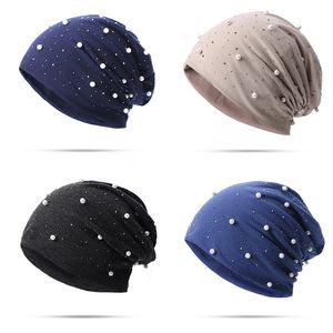 Autunno primavera morbida cappelli da berretto di cotone femminile femminile perle ronestoni cranio caldo cappello cappello da bonnet da donna regalo femmina