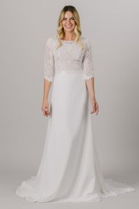 2021 Modest Boho Abiti da sposa Mezze maniche Gioiello Collo Bottoni Pizzo Chiffon Abiti da sposa bohémien Abiti con maniche Sposa