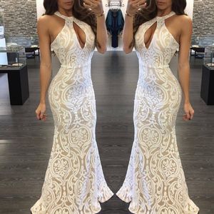 Sexy Halter Lace Evening Dresses Sleeveless Mermaid Keyhole Floor Length Custom Made Plus Size Prom Party Gown Formal Ocn Wear 403