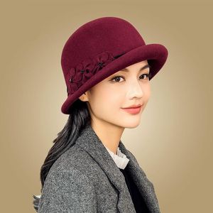 Vintage inverno chapéus para mulheres fedora chapéu preto largo borda lã chapéus flor elegante senhora outono bolos cloche tampas