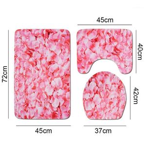 Bath Mats 3 Pieces Rug Set Rose Petals Toilet Floor Contour Mat Lid Top Covers Non-Slip Bathroom