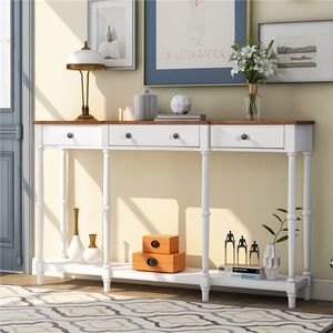 US STOCK Solid Wood Console Living Room Furnitures Classic Entryway Table with Storage Shelf and Drawer for Home White