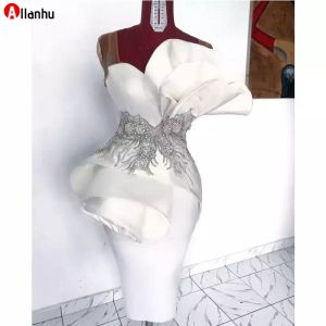NEW Modest White Sheer Straps Cocktail Dresses Ruched Satin Knee Length Short Prom Evening Gowns Sequins Beaded Appliques Arabic Formal Party Club Wear
