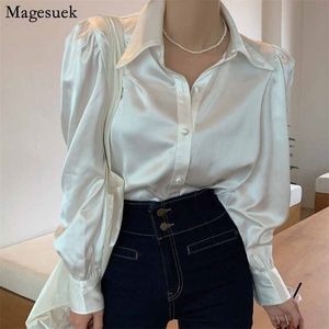 Koreańska bąbelkowa luźna satynowa koszulka klapowa elegancka koszula damska topy białe nowe eleganckie bluzka bluzka blusas mjer 12635 220311