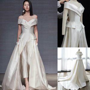 Elegancka V Neck Kombinezonia Suknie Wieczorowe Dla Kobiet Off The Ramię Ivory Satin Formalne Suknie Party Prom Spodnie Garnitury Bride Outfit Reception Dress 2022