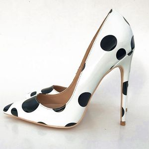Fashion Polka Dot Print Women Shoes Red Bottom Cute Stiletto High Heels Office Elegant Ladies Slip on Pointed Toe Pumps Young Girls Shoes White Patent Party Shoe