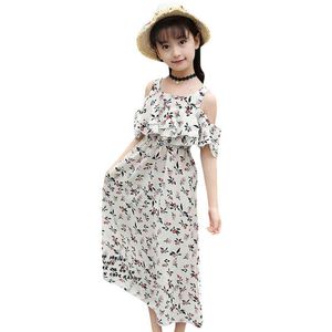 Summer Dress Girl Beach Off Shoulder Child Dress Long Floral Kids Dress Teenage Girls Children's Clothing 4 6 8 10 12 13 Years G1218