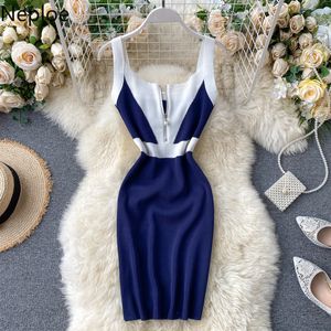 Nelloe Contrast Color BodyCon платье женщины сексуальный квадратный воротник без рукавов женские платья элегантные стройные натяжные талии дамы Vestido Y0118