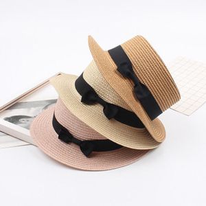 Simples verão pai-criança praia chapéu feminino casual panamama chapéu senhora marca mulheres liso borda bowknot palha tampão meninas sol