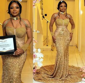 2022 Plus Size Arabo Aso Ebi Oro Lussuoso Abiti da ballo a sirena Sheer Neck Perline Paillettes Sera Formale Festa Abiti da secondo ricevimento Abito CG001