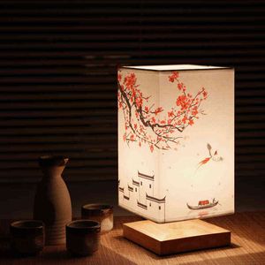 LED Square Decoration Table Lamps Simple Chinese Style Dimmable EU Plug Night Light Fabric Lampshade Bedroom Bedside Lights H220423