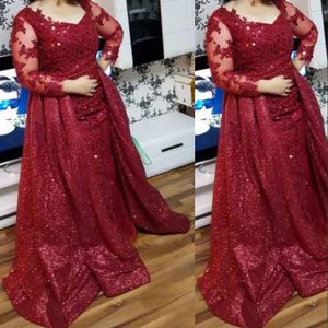 Aso Ebi 2021 New Arabic Evening Dresses Wear Dark Red Sequined Lace Long Sleeves Mermaid Plus Size Overskirts Party Gowns Prom Dresses