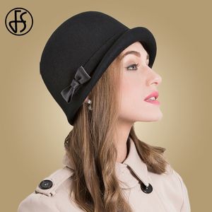 FS 100% Wollfilz Schwarz Fedoras Hut Frauen Kirche Kappe Rosa Elegante Schleife Curl Birm Damen Cloche Hüte Winter Floppy Bowler Caps Y200102