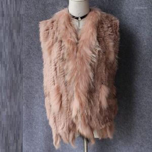 Kvinnors västar Vinterrockar för kvinnor Orange Ärmlös Cardigan Lady Vest Kvinnlig Stickad Naturlig Fur Raccoon Dog Collar Trim Coat1