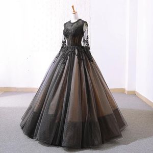 Vintage schwarze nackte gotische Brautkleider mit langen Ärmeln, Juwelenhals, bodenlang, nicht weiße Brautkleider mit Farbe nach Maß3213