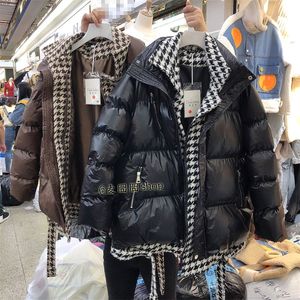 Winter New women's warm thickening houndstooth grid patched faux 2 pcs down cotton-padded medium long parka coat