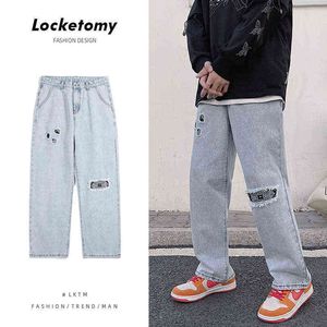 2021 Summer New Trendy Brand Washed Patch Jeans Men's Loose-Fitting Straight Beggar Wide-Leg Pants Men's G0104