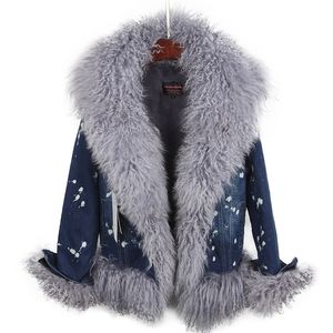 Naturalna wełna wyłożona luksusowym wełny futro kołnierz denim płaszcz zimowy casual ciepłej mody krótkiej kurtki 201217