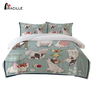 Miracille bonito bulldog impresso conjunto de cobertura de edredão desenhos animados roupa lisa conjunto colchas cadeiras de cama capa capa lj201015