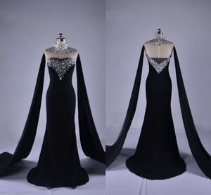 2021 Black Evening Dresses With Wrap Silver Beaded Sequins High Neck See Though Back Special Occasion Pageant Dress Prom Formal Party Gowns