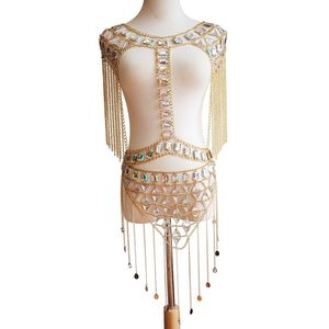 Classic Tassels Style Ladies Sequin Acrylic Shoulder Chain Necklace Promotion Fashion Sexy Beach Belly Body Chain Set Smycken T200508
