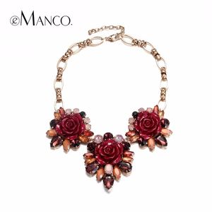 Garden Style Stylish Romantic Rose Flower Statement Necklaces for Women Red Resin & Crystal & Korea Chain Fashion Jewelry Y200323