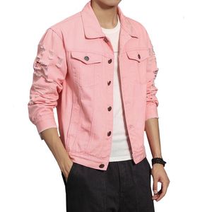メンズジャケットデニムジャケット男性リッピングホールピンクブラックジーンピュアカラー2021衣服洗いた男性コート大型M XL