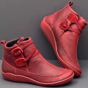 熱い販売STSの女性ブーツ秋のレザーフラットシューズファッションマーティンショートブーツ女性レトロな滑り止めカジュアル女性の靴Zapatos