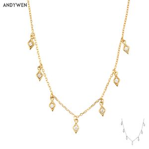 Andywen 925 Sterling Silver Gold Square Charm Choker Długi Wisiorek Moda Fine Jewelry 2021 Ślub Kryształ Biżuteria Party Kobiety Q0531