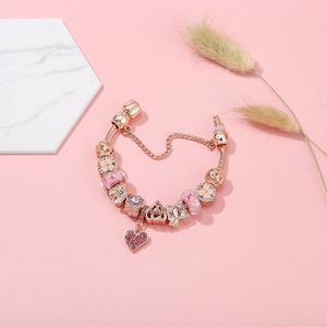 luxury Top Quality Rose Gold Pink Silver Beads Cherry Red Heart Crystal Butterfly Flower Fits European Pandora Charms Bracelets Safety Chain Jewelry DIY