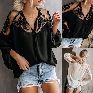 Kadın Bluzlar Gömlek Seksi Dantel Örgü Gömlek Nakış Patchwork Kadınlar Casual Uzun Kollu Şifon Bluz Tops Bayanlar Gevşek Kadın Blusas