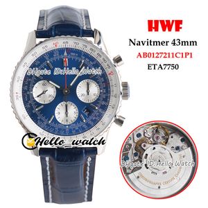 Top New B01 AB0127211 ETA7750 Chronograph Automatic Mens Watch Blue Dial White Subdial Steel Case Blue Leather Stopwatch Hello_Watch HWBE