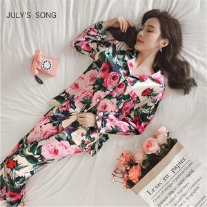 Música de Julho Mulheres Faux Silk Sleepwear Satin Pijama Set Flor Imprimir Manga Longa 2 Piece Outono Inverno Pajamay Homewear 201027