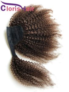 #4 Ponytail Extensions Clip In Malaysian Virgin Afro Kinky Curly Magic Paste Ponytails For Black Women Dark Brown Curly Wrap Around Pony Tail